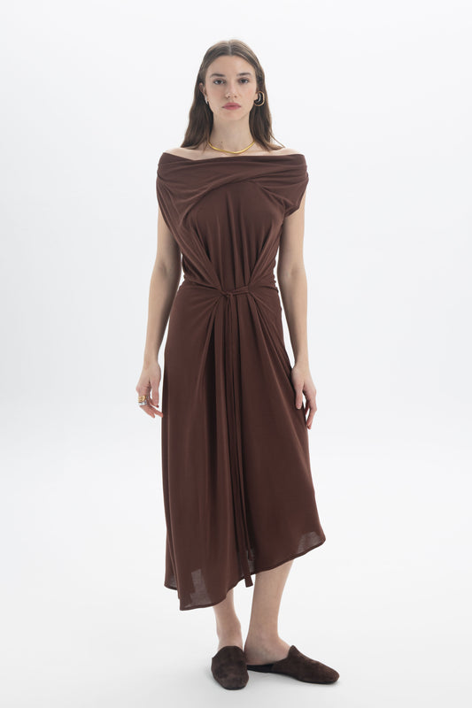 Asymmetric Draped Midi Dress in brown with asymmetric neckline and stylish draped silhouette.