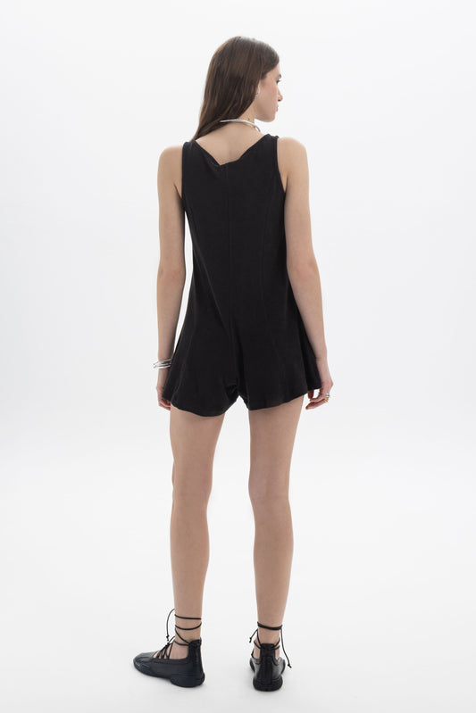 B&B x F Button Front Romper showcased from the back, featuring a relaxed mini silhouette and sleeveless design.