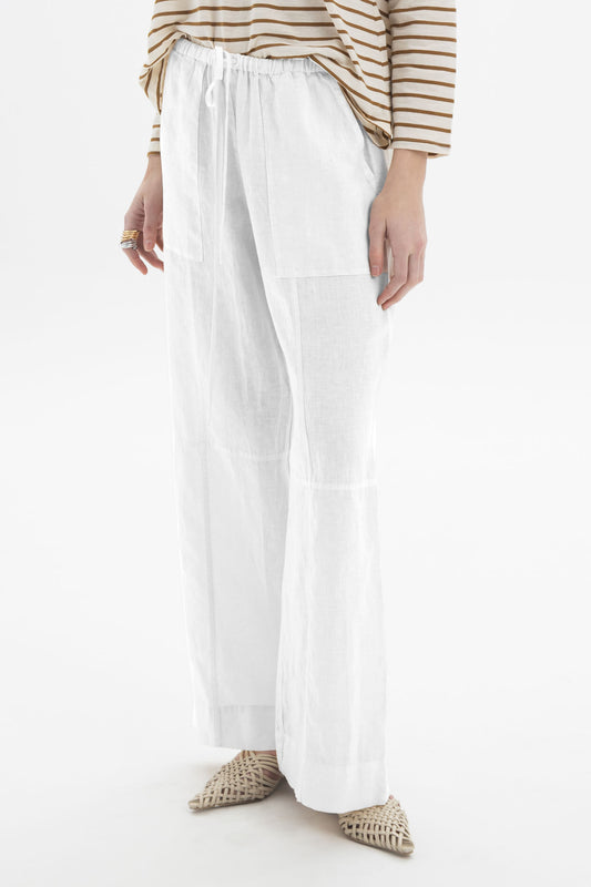 Black and Black linen drawstring wide-leg pants with relaxed fit, shown on a model against a neutral background.