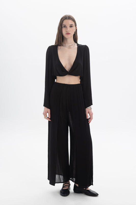 Model wearing a Draped Cropped Long Sleeve Top with wide sleeves and deep V neckline, styled with flowing black pants.