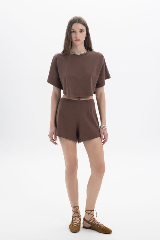 B&B x F Cropped Short Sleeve Top displayed on a model, featuring a relaxed fit in brown color with short sleeves.