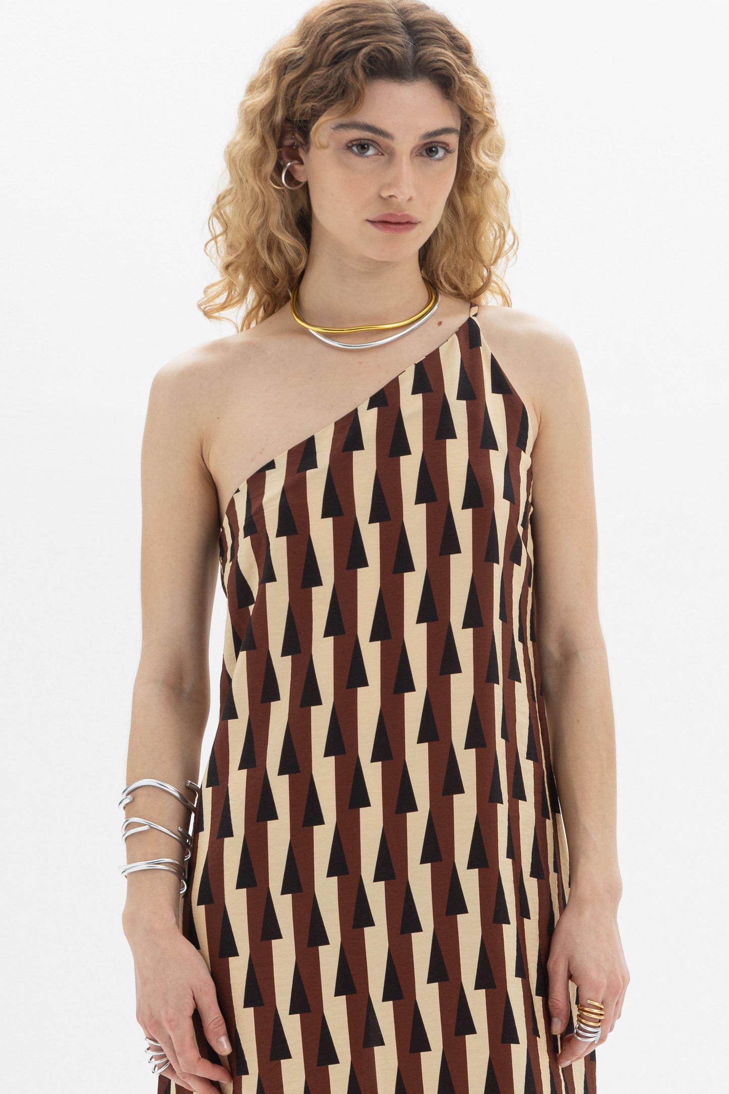 One-Shoulder Maxi Dress featuring a geometric pattern and asymmetric neckline for a contemporary look.