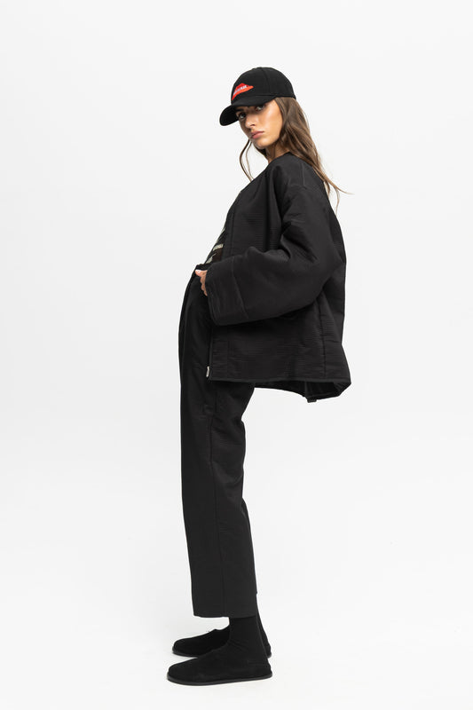 Textured Bomber Jacket-Black and Black