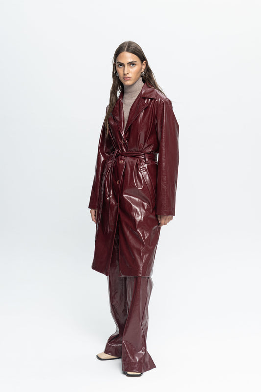 Burgundy Leather Coat-Black and Black