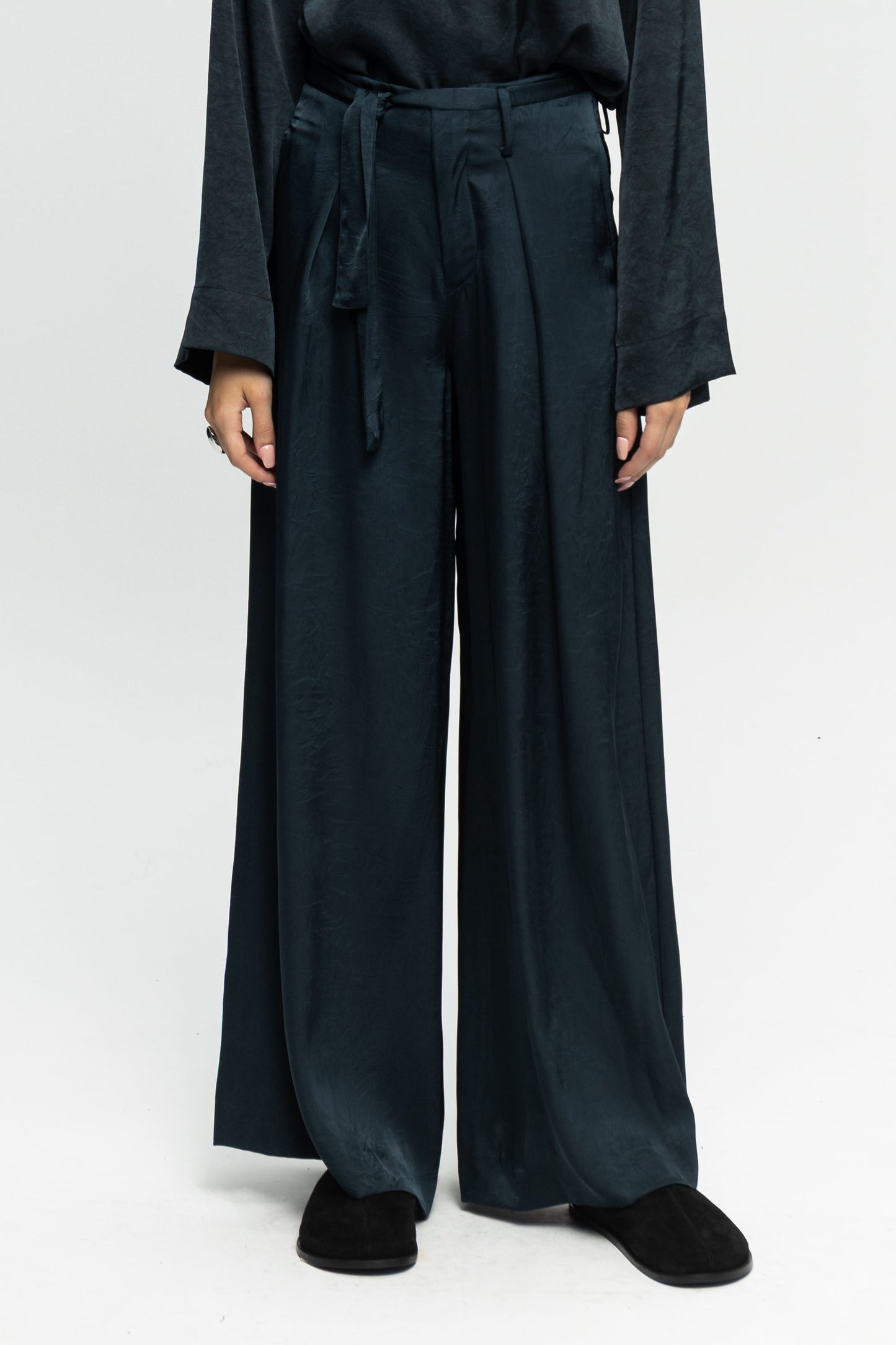 Petrol Satin Pants-Black and Black