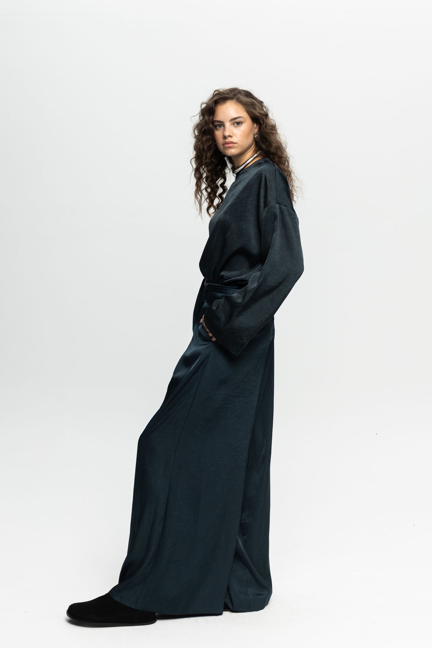 Petrol Satin Pants-Black and Black