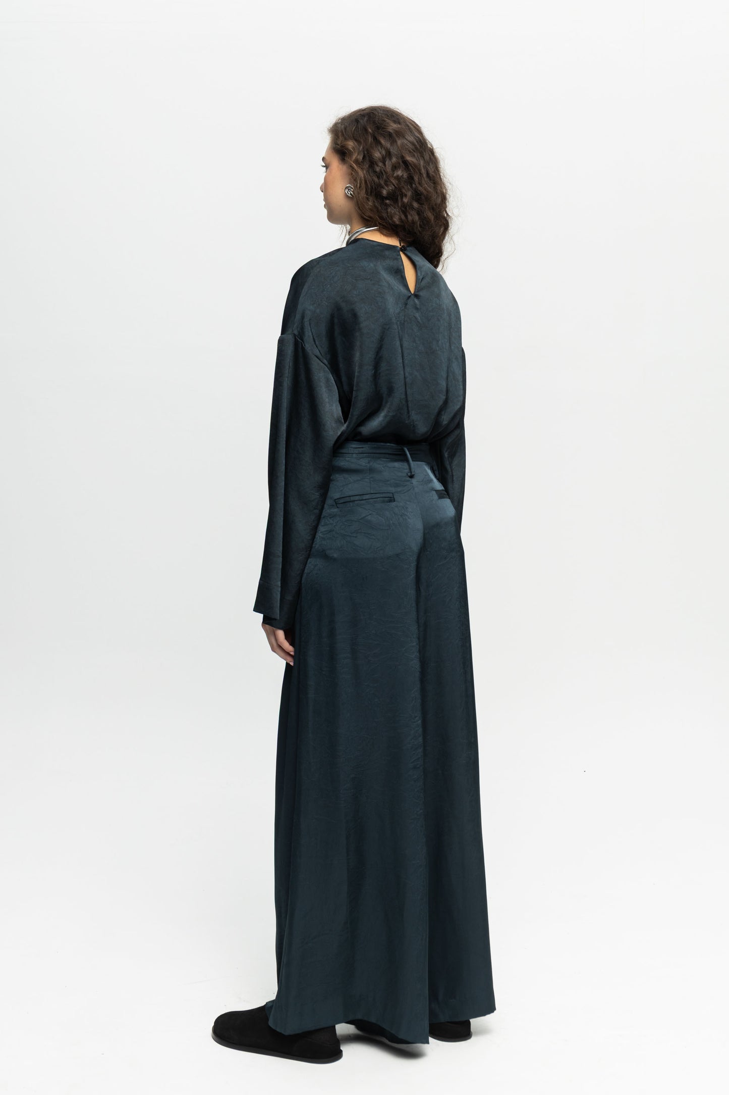 Petrol Satin Pants-Black and Black