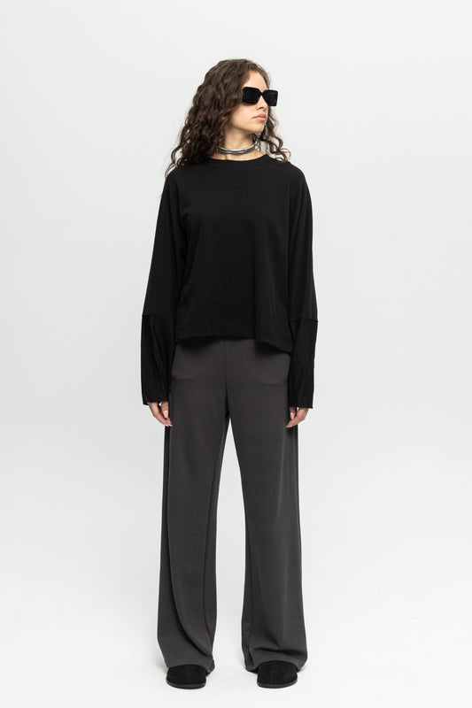 Wide Sleeve Blouse-Black and Black