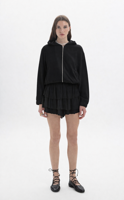 Black and Black B&B x F Zip Hooded Jacket featuring a stylish zip-up design and hood, displayed on a hanger.