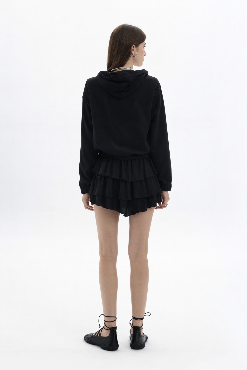 Black and Black B&B x F zip hooded jacket with front pockets, shown in a stylish black fleece material.