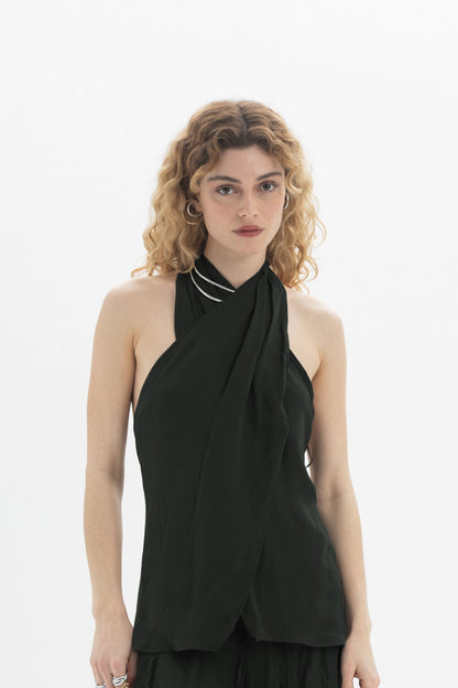 Draped Halter Top featuring a softly draped neckline and open-back silhouette for a refined look.