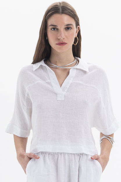 Linen Polo Top in white, features a soft polo-style collar and relaxed fit, perfect for summer outfits.