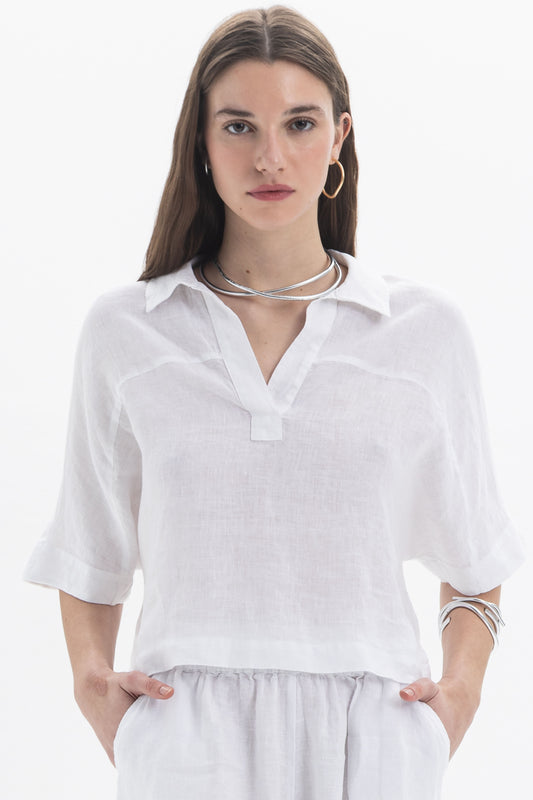 Linen Polo Top in white, features a soft polo-style collar and relaxed fit, perfect for summer outfits.