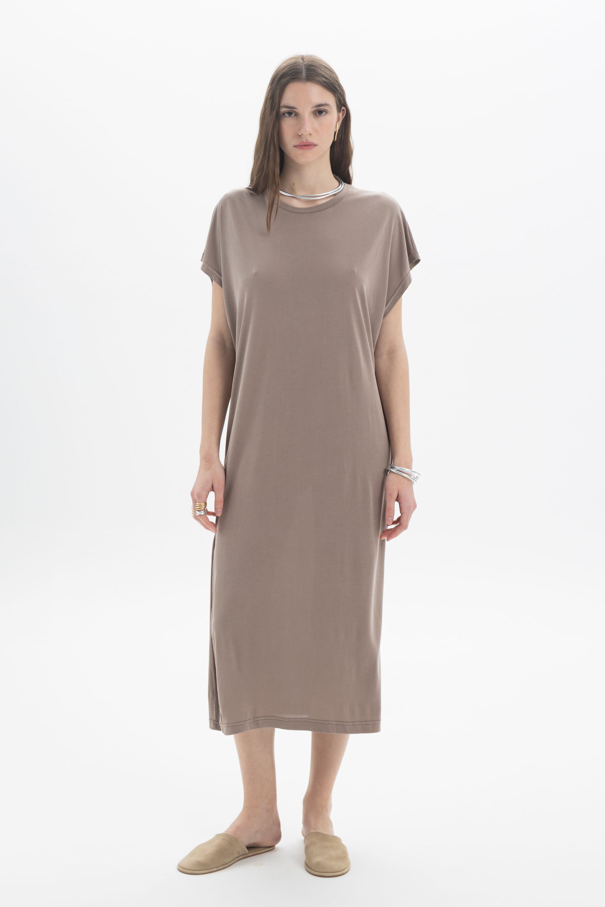 Relaxed Midi Dress in soft fabric with dropped shoulders and side slits, perfect for everyday wear.