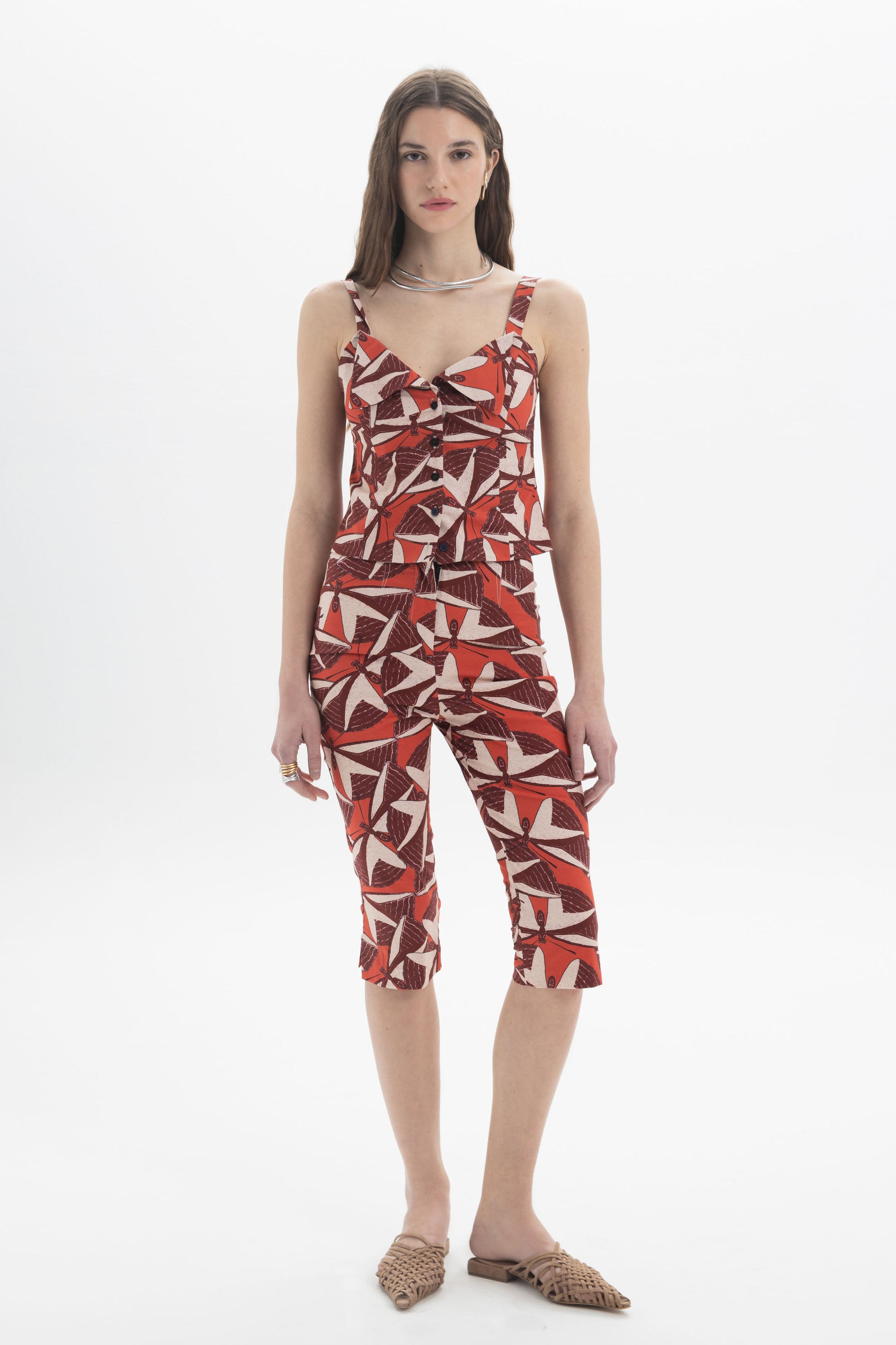 Button-Front Cami Top with button details and bold all-over graphic print, perfect for summer styles.