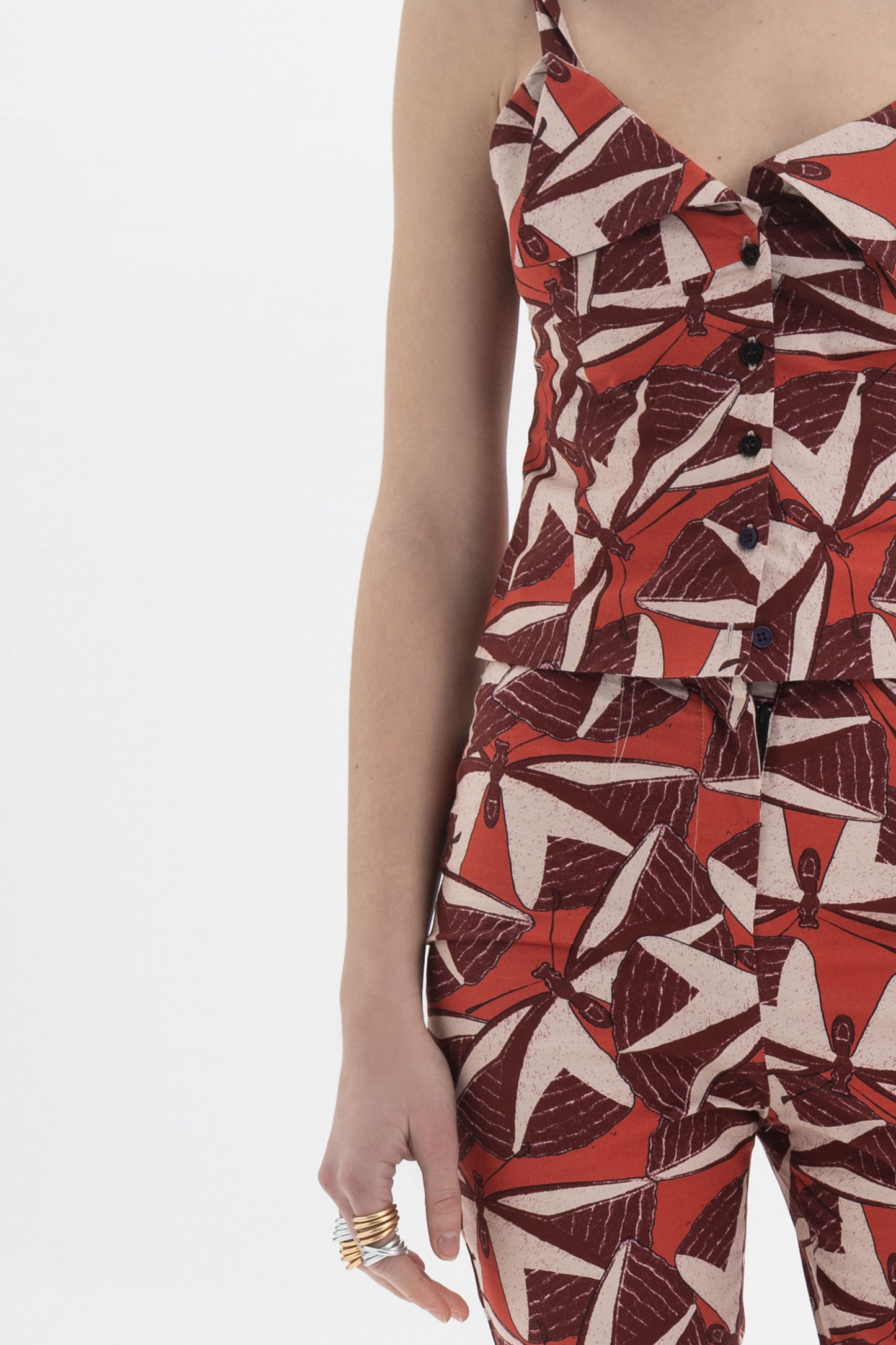 Button-Front Cami Top with button detail and graphic print, perfect for a bold summer style.