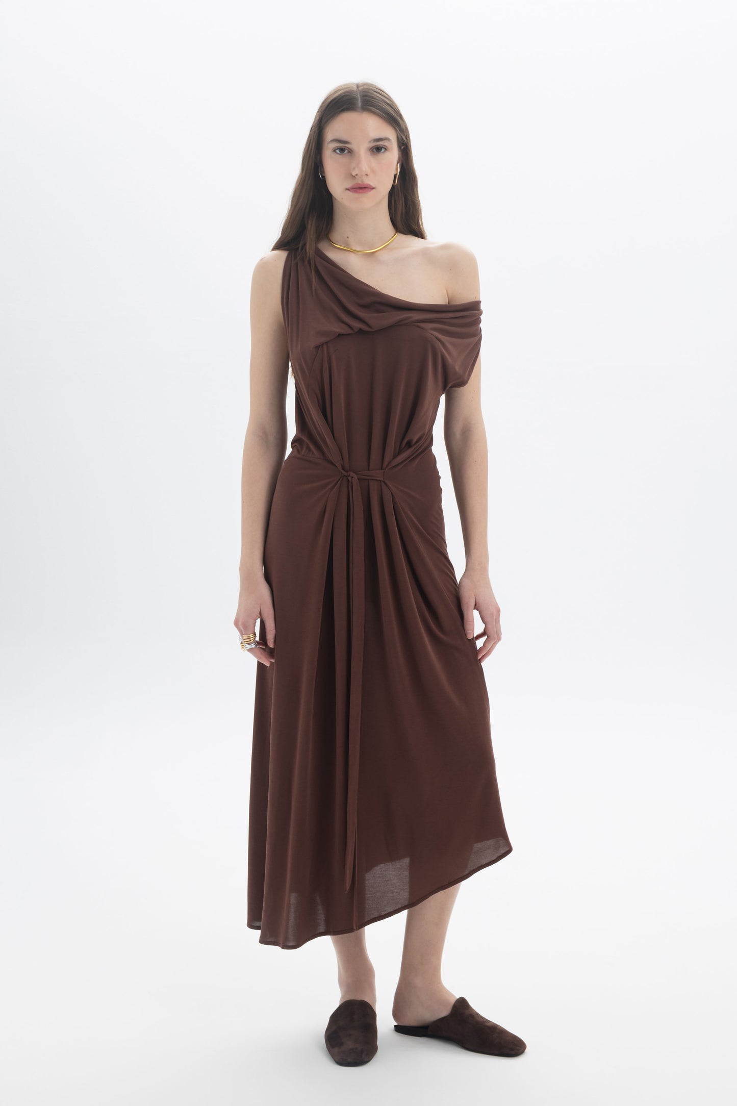 Asymmetric Draped Midi Dress featuring an elegant draped silhouette and asymmetric neckline in brown fabric.