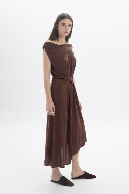 Asymmetric Draped Midi Dress in brown with draped silhouette and waist tie, showcasing a modern, elegant style.