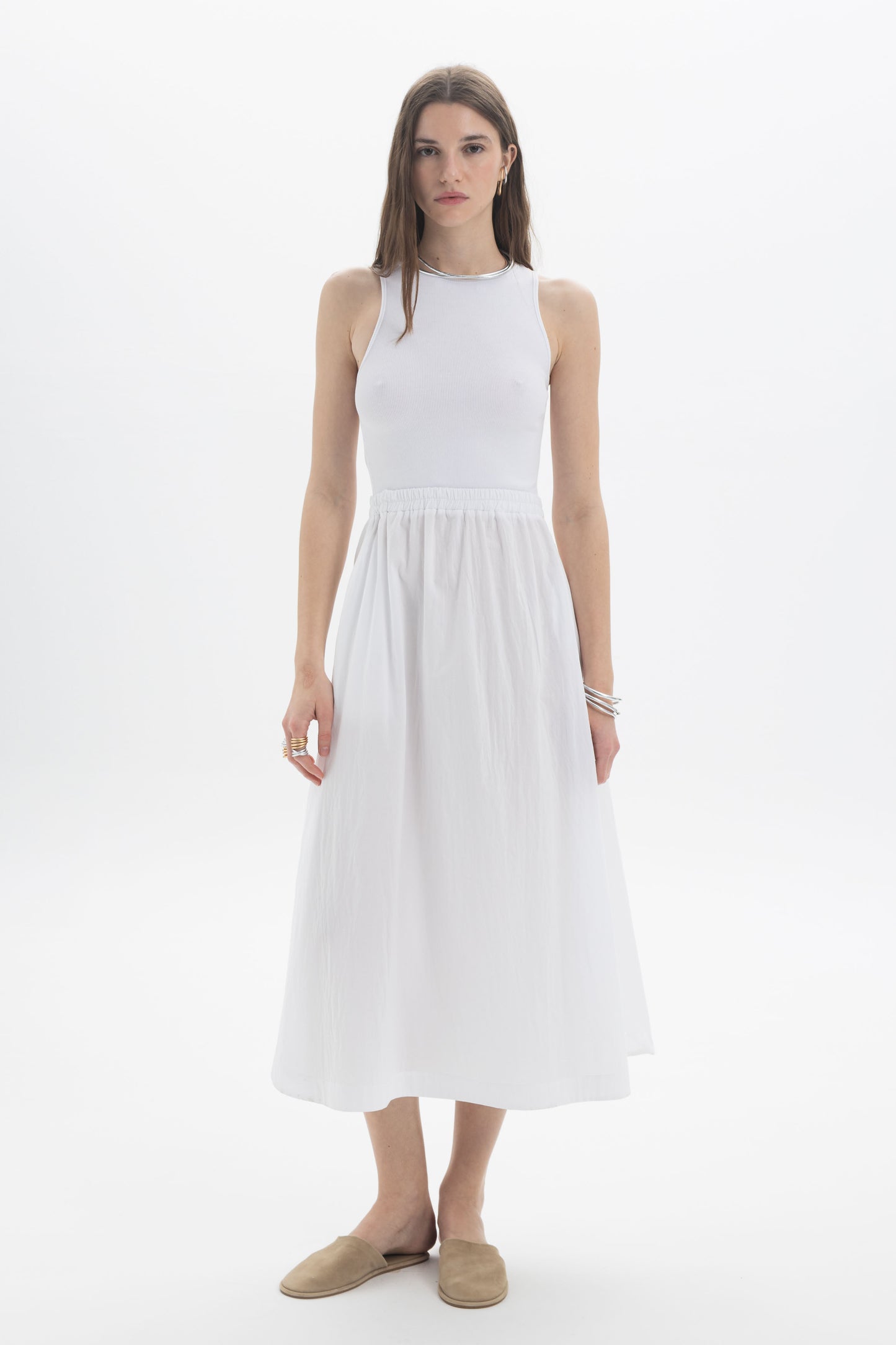 Rib Tank Midi Dress featuring a fitted ribbed bodice and softly gathered white skirt, perfect for a modern, versatile look.
