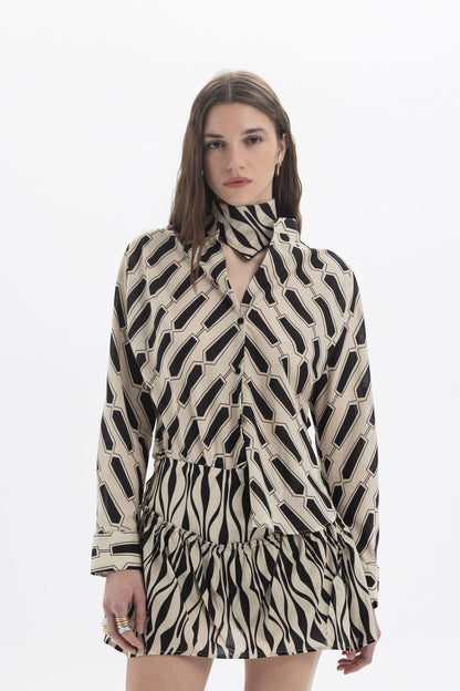 Graphic Print Collar Shirt with bold geometric print and structured collar, designed for a relaxed tailored fit.