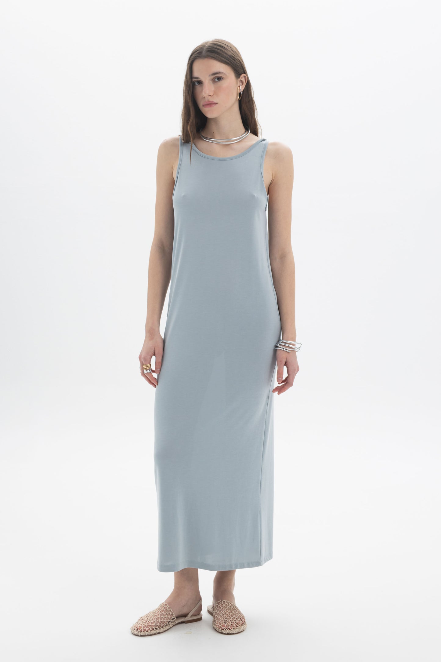 Open Back Tank Dress in light blue, sleeveless with a deep open back and midi length for effortless style.