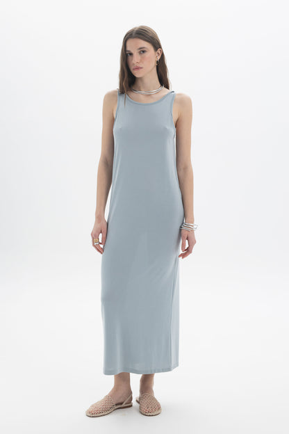 Open Back Tank Dress in light blue, sleeveless with a deep open back and midi length for effortless style.