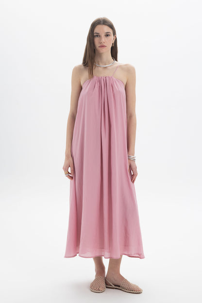 Gathered Strap Midi Dress in soft pink with delicate straps and a flowing silhouette, designed for ease and movement.