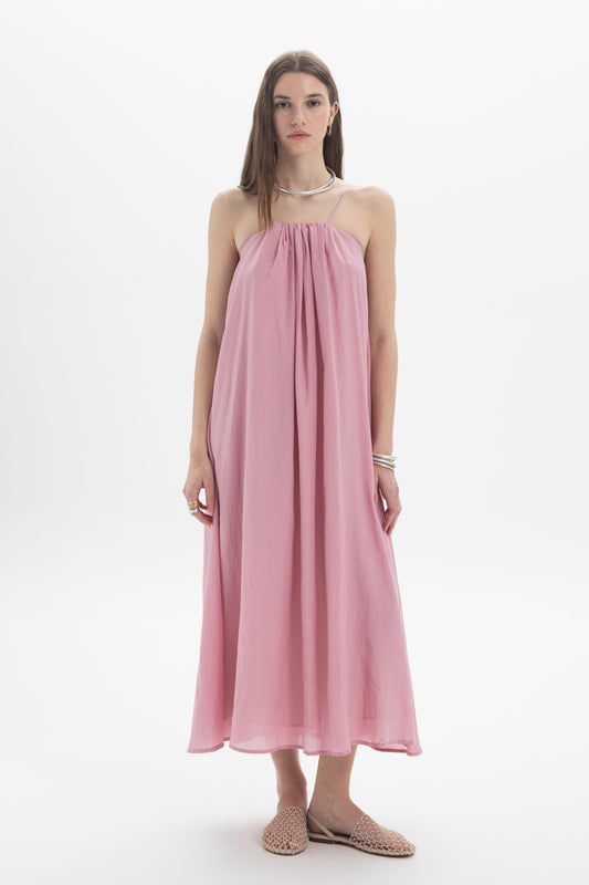 Gathered Strap Midi Dress in soft pink with delicate straps and a flowing silhouette, designed for ease and movement.