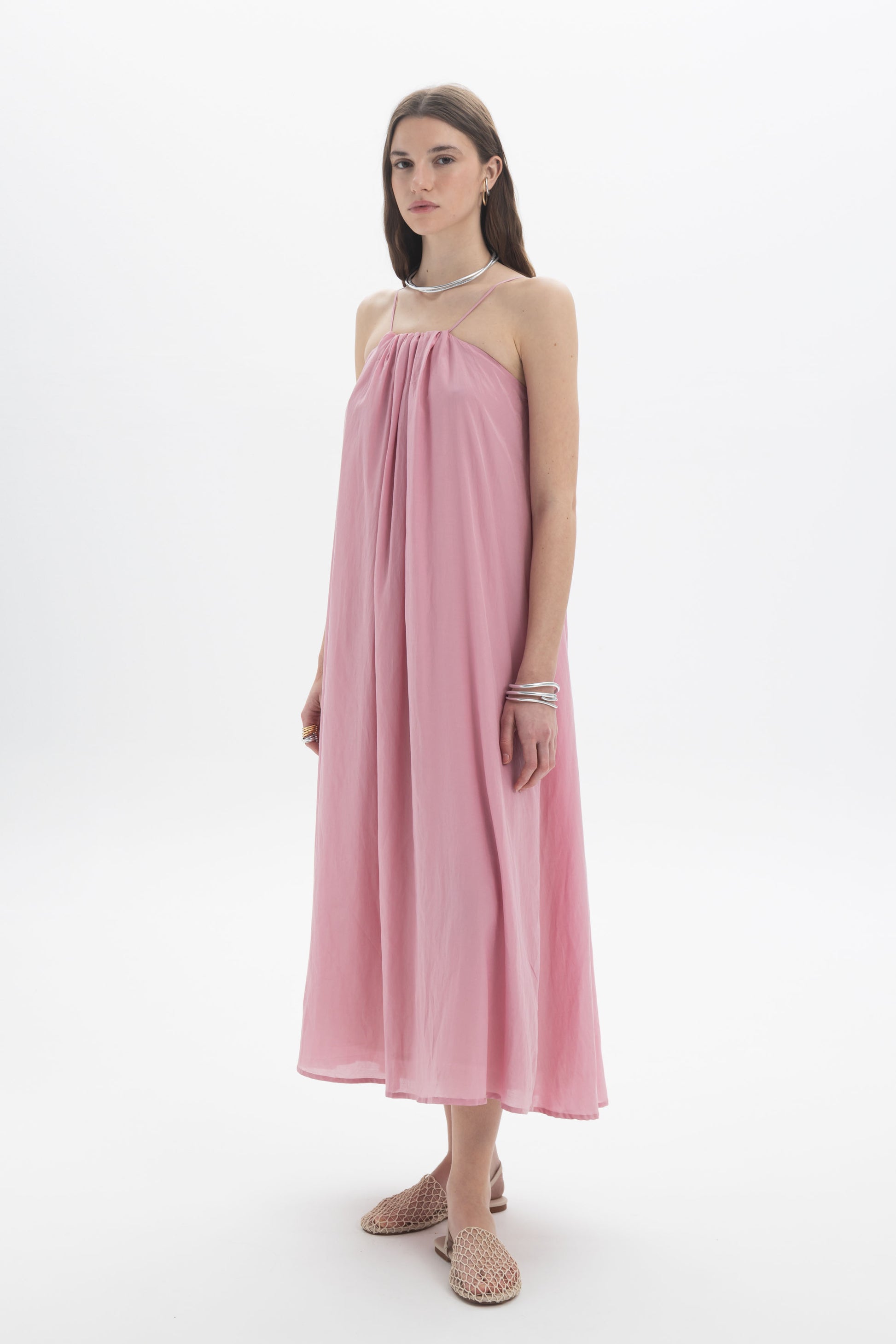 Gathered Strap Midi Dress in soft pink with delicate thin straps and fluid draping through the bodice.