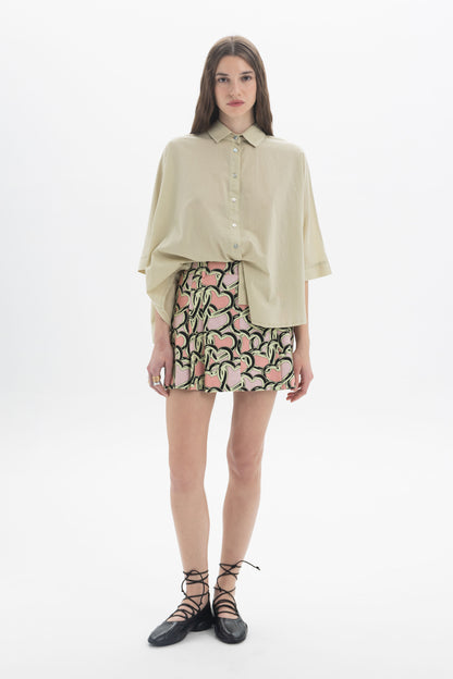 Elbow Length Shirt styled with a printed skirt, featuring a relaxed fit, classic collar, and wide elbow-length sleeves.