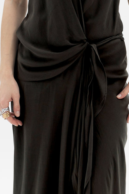 Halter Wrap Maxi Dress featuring a wrap-style front with ties and soft draping, perfect for an elegant look.