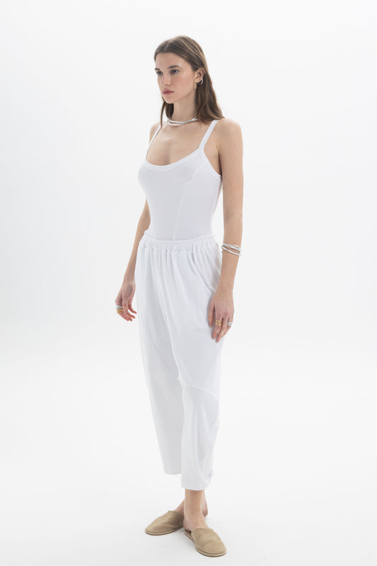 Model wearing B&B x F Ribbed Strap Body in white, showcasing its fitted design and slim straps.