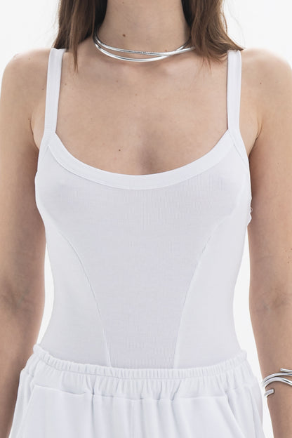 B&B x F Ribbed Strap Body, fitted white ribbed body with slim straps and contoured silhouette for layering and minimalist styling.