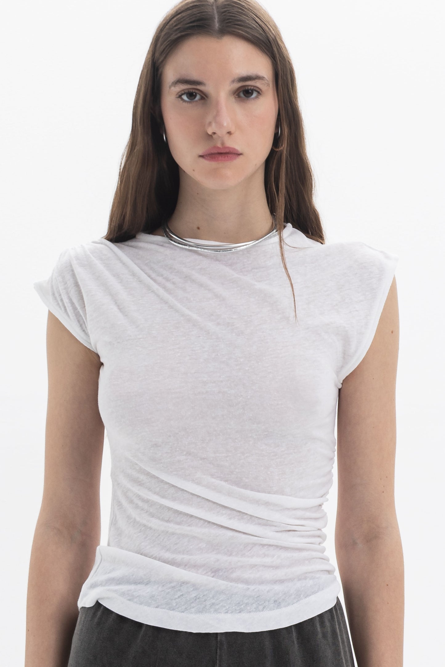 B&B x F Draped Cap Sleeve Top featuring cap sleeves and soft draping, perfect for day-to-evening styling.
