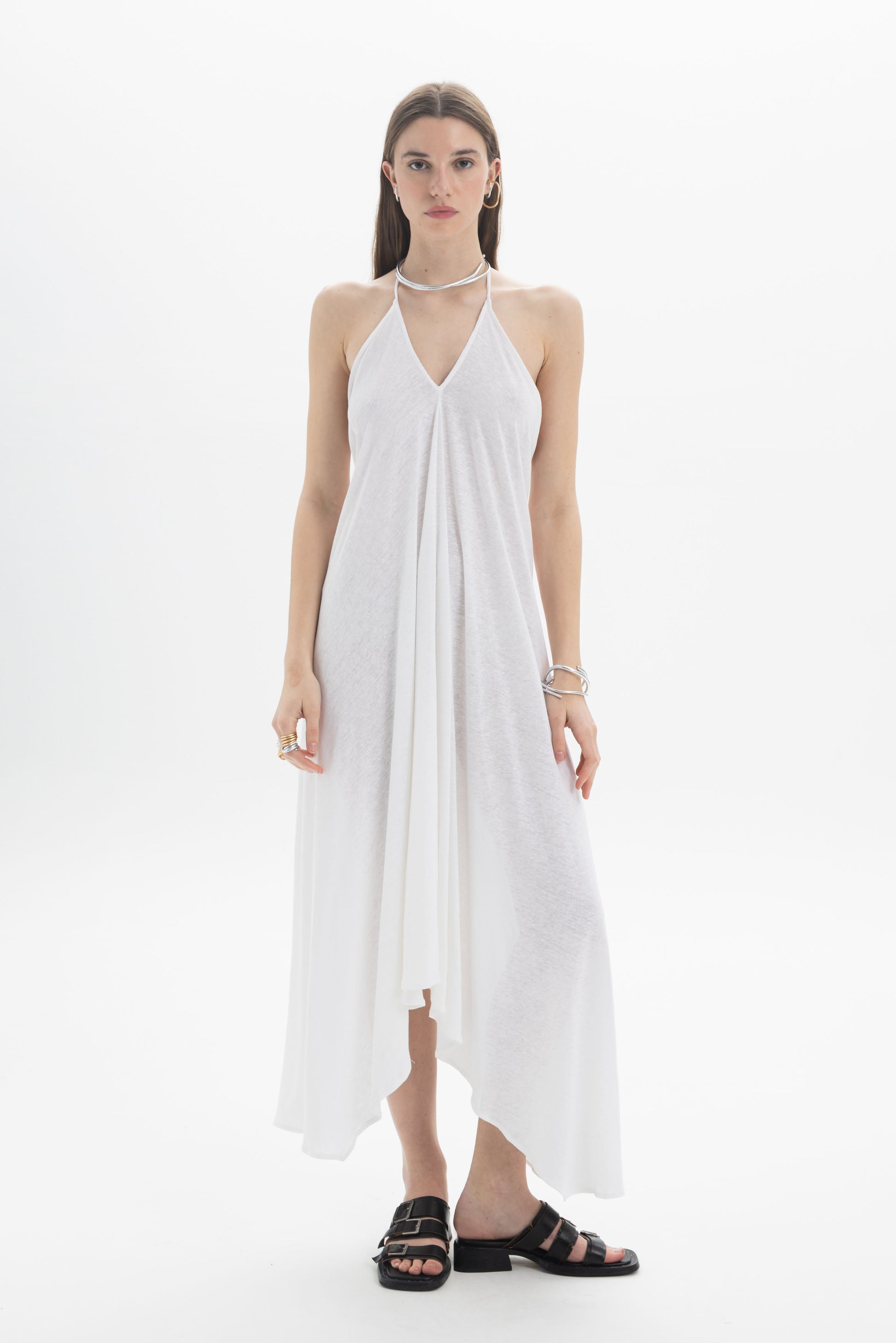 B&B x F Halter Asymmetric Dress with open back and draped silhouette, perfect for relaxed or elevated styling.