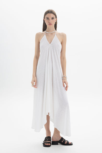 B&B x F Halter Asymmetric Dress with open back and draped silhouette, perfect for relaxed or elevated styling.