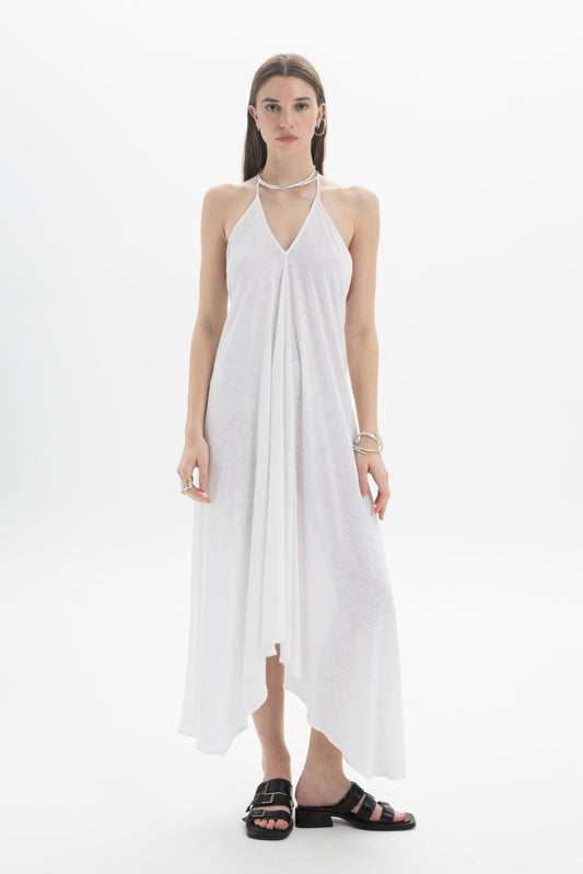 B&B x F Halter Asymmetric Dress with open back and draped silhouette, perfect for relaxed or elevated styling.
