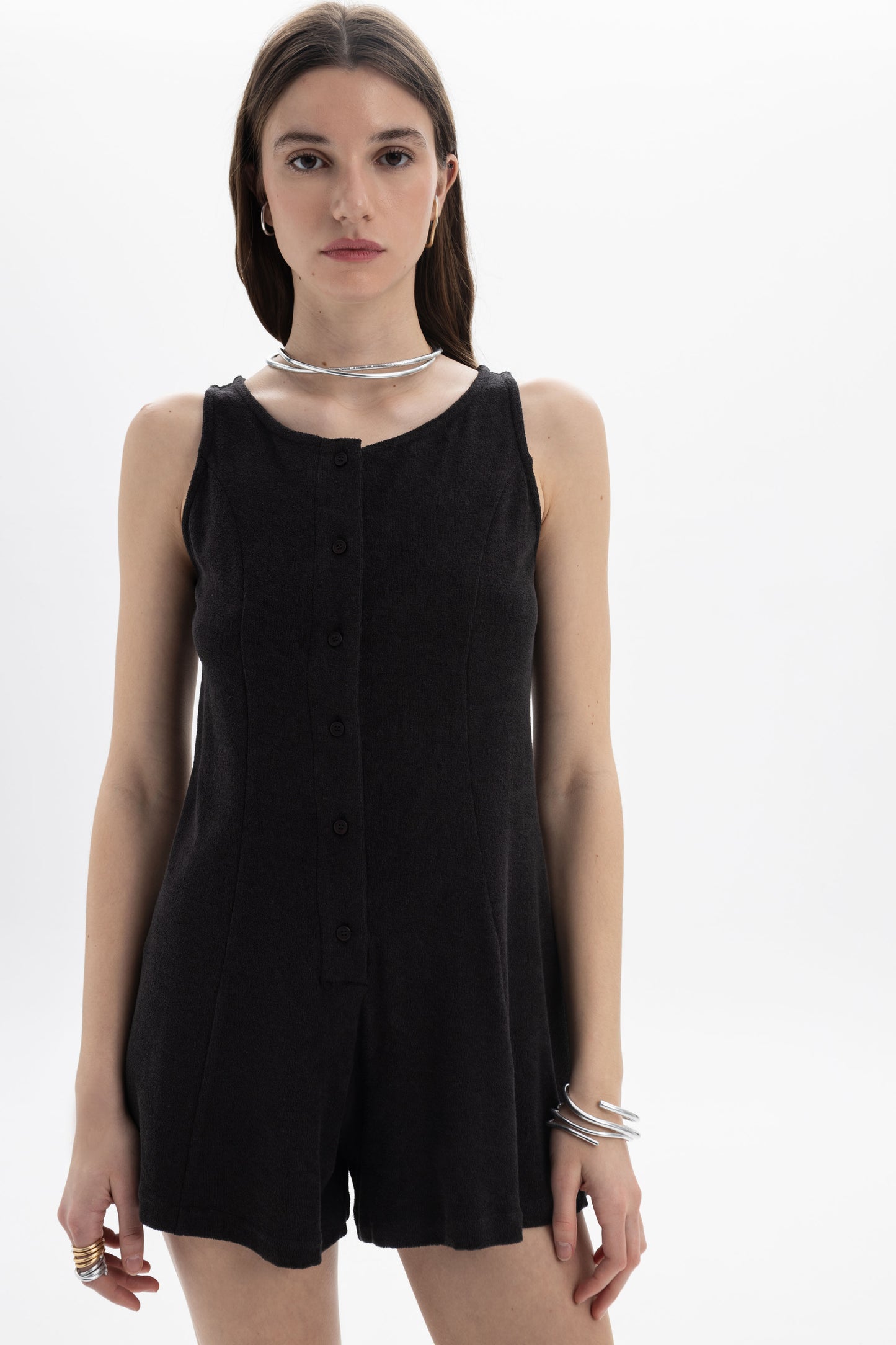 B&B x F Button Front Romper with button-front detail and relaxed mini silhouette, perfect for day to evening styling.