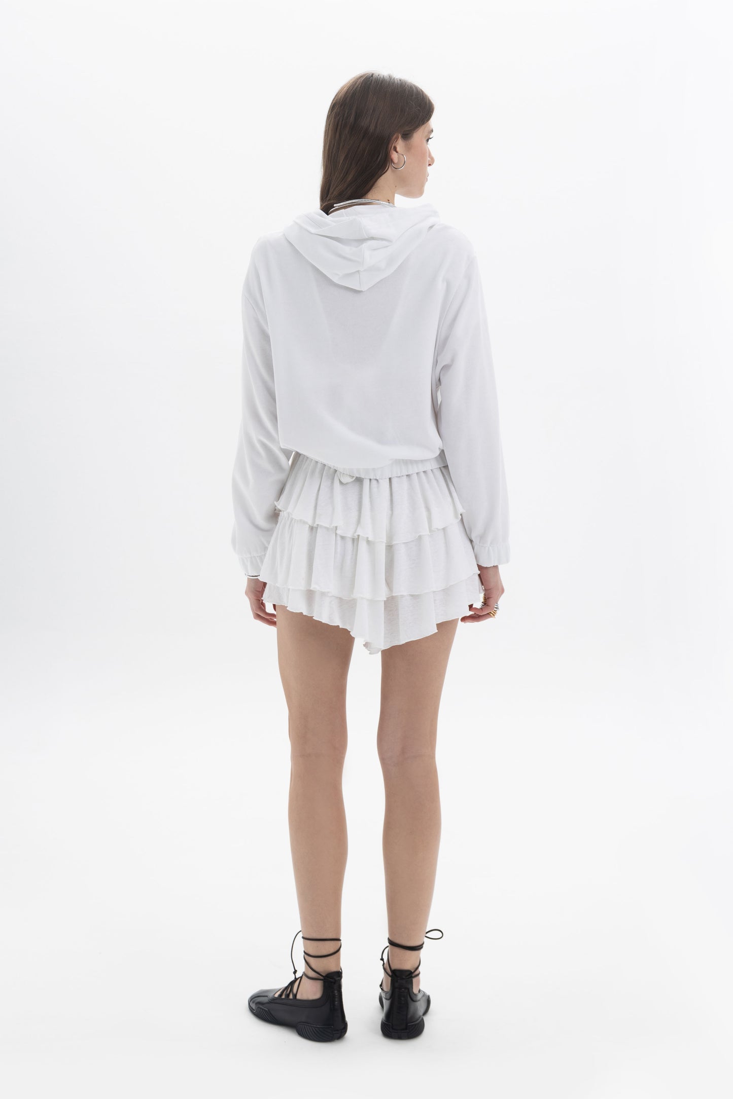 B&B x F Zip Hooded Jacket in white, showcasing a relaxed fit with tiered ruffle hem and a back view.