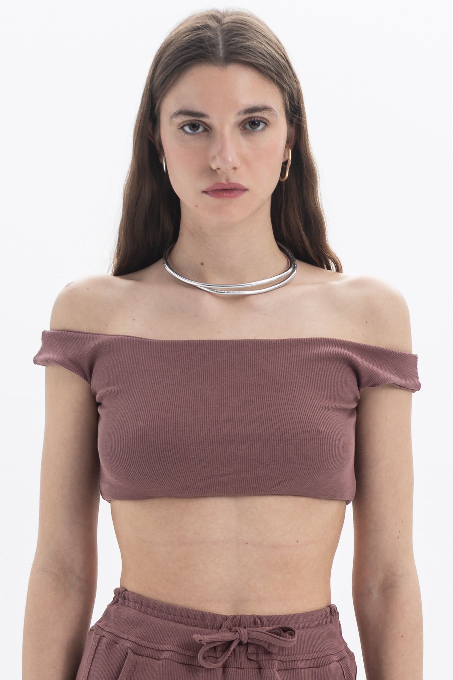 B&B x F Off-Shoulder Crop Top displayed on model, showcasing fitted silhouette and clean neckline.