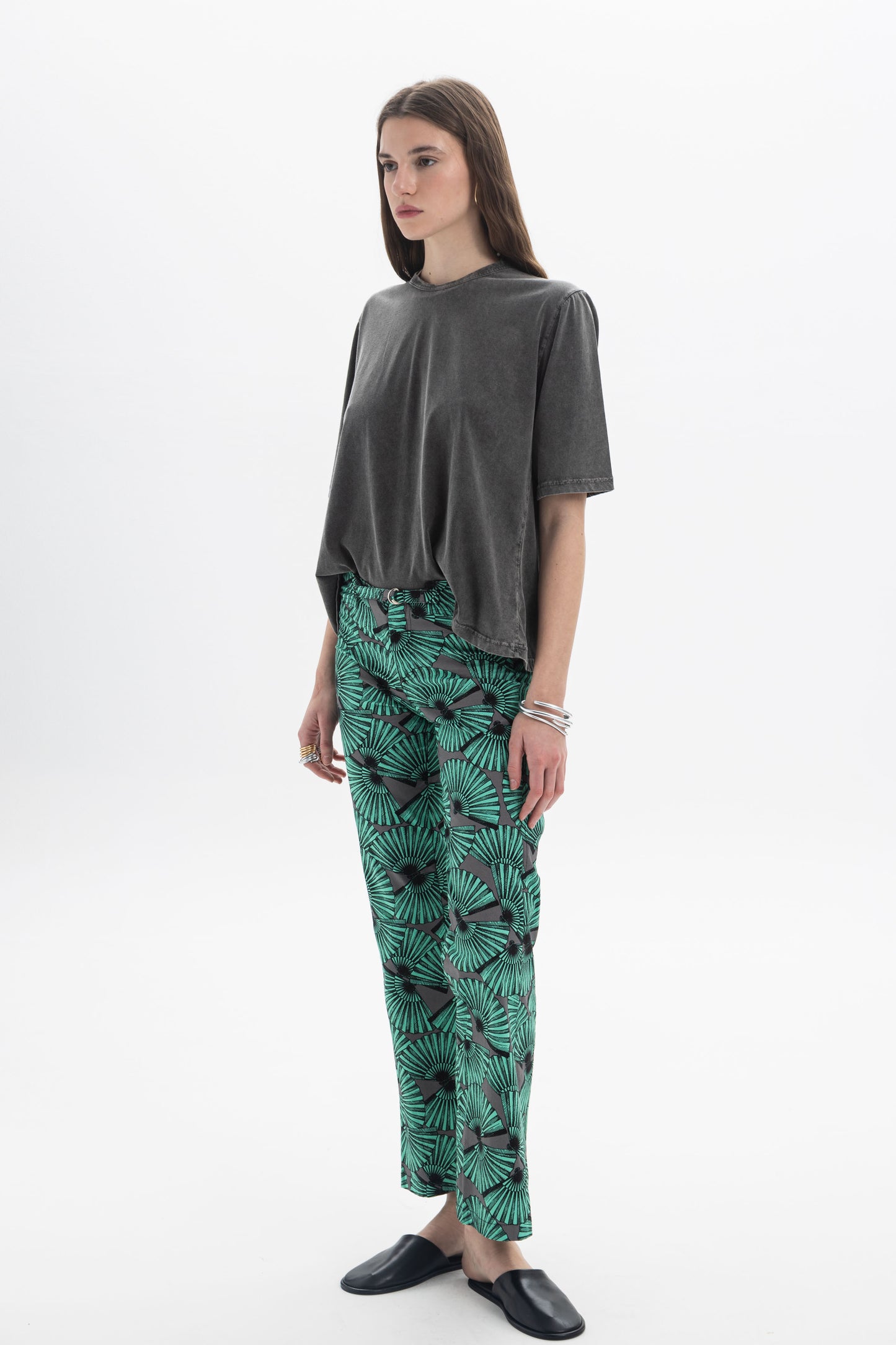 B&B x F Washed Relaxed T-Shirt worn with green palm print pants, showcasing a relaxed silhouette and soft washed finish.