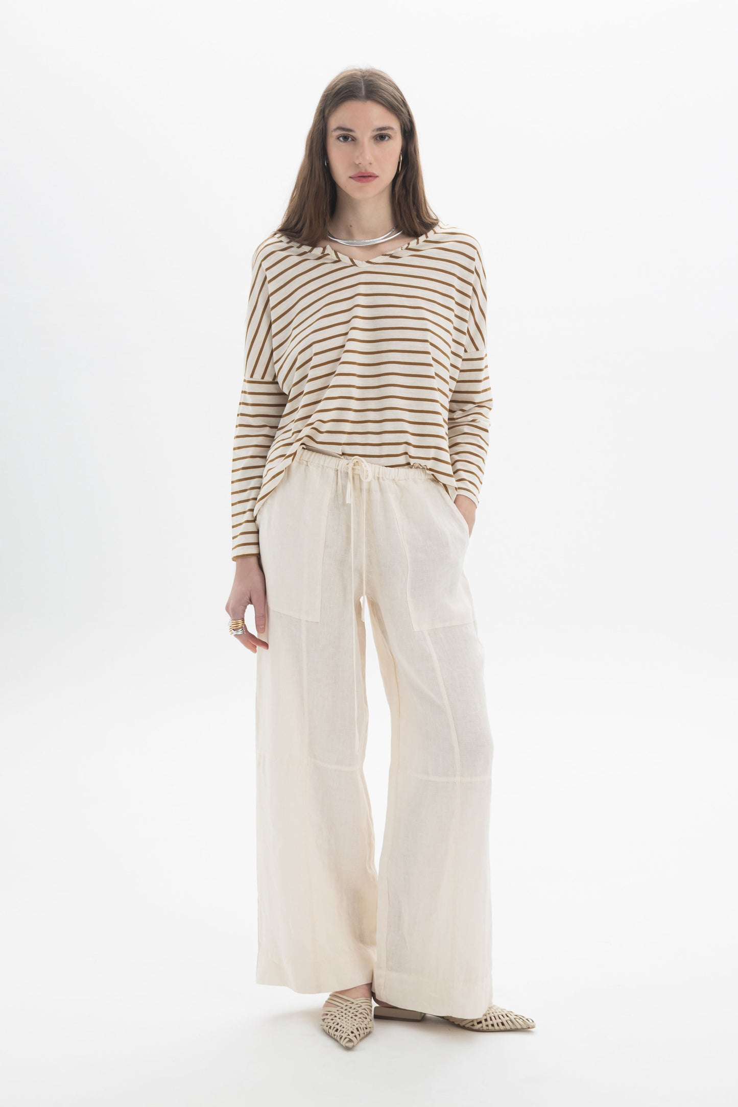 B&B x F Striped Relaxed Top worn by a model, featuring a soft boat neckline and relaxed fit.