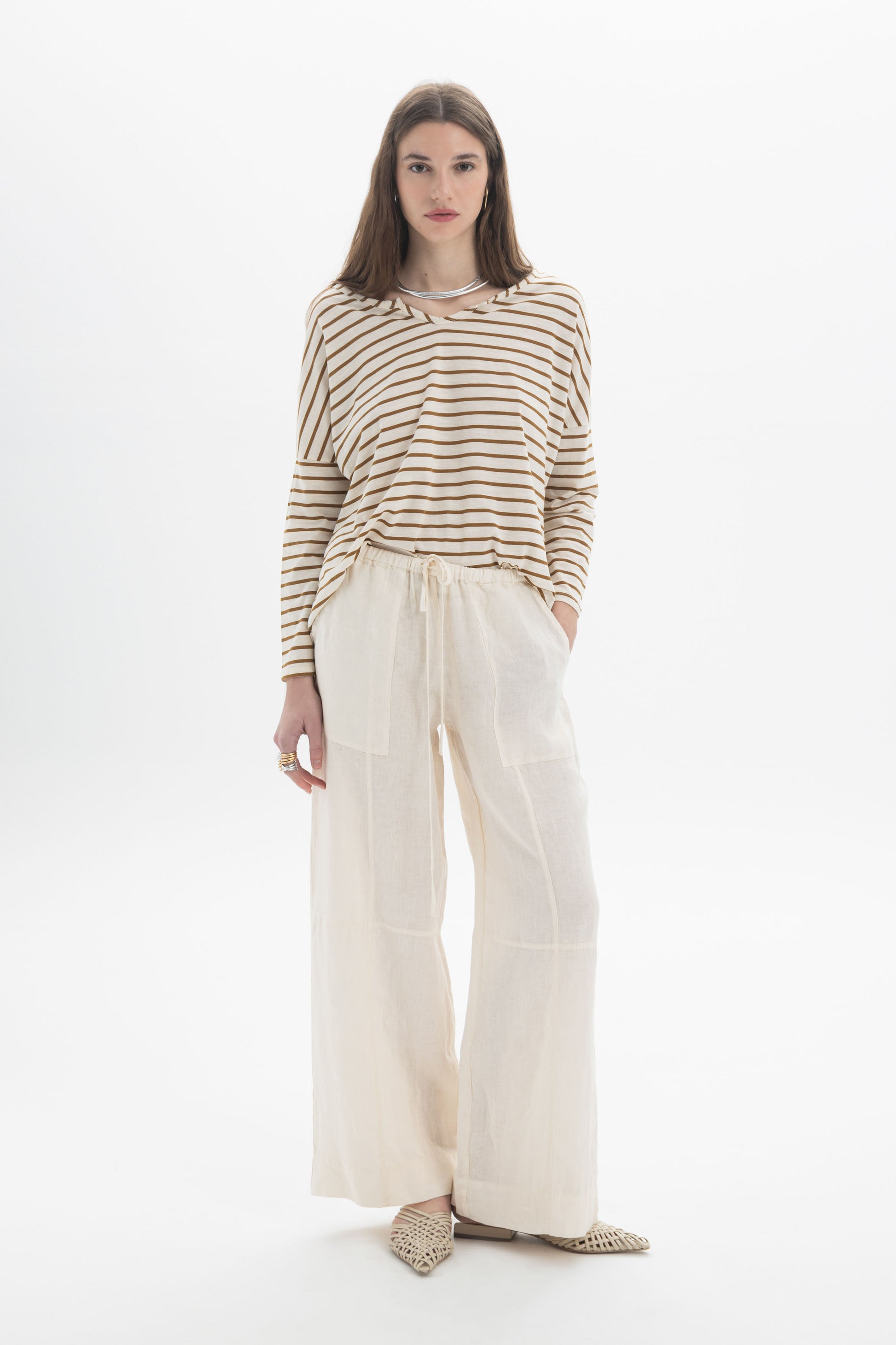 B&B x F Striped Relaxed Top worn by a model, featuring a soft boat neckline and relaxed fit.
