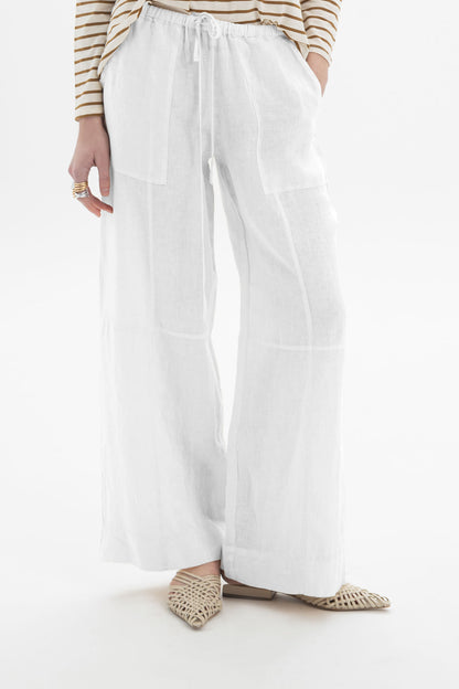 Black and Black linen drawstring wide-leg pants displayed on a model, showcasing relaxed fit and lightweight fabric.