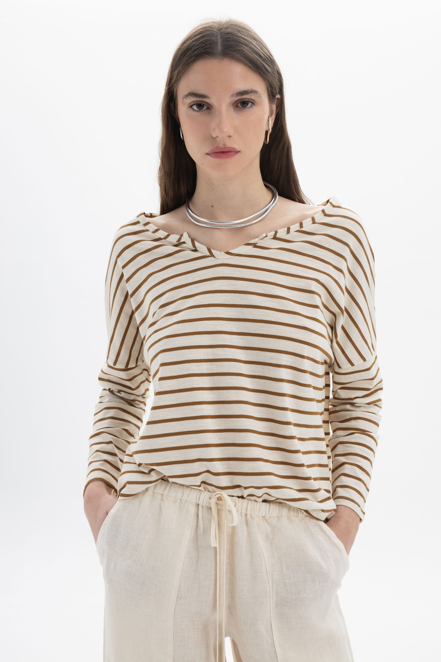 B&B x F Striped Relaxed Top featuring a soft boat neckline and relaxed silhouette, perfect for everyday wear.