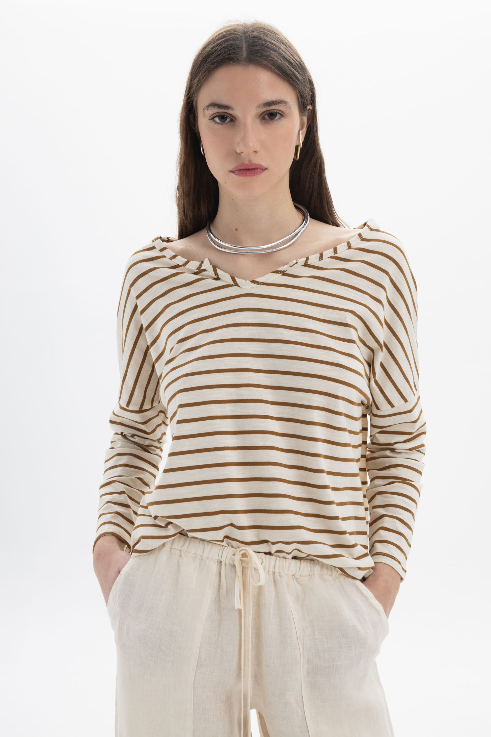 B&B x F Striped Relaxed Top featuring a soft boat neckline and relaxed silhouette, perfect for everyday wear.