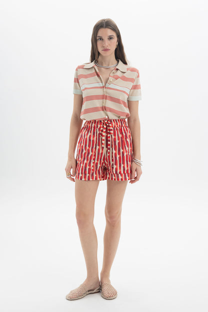 Model wearing a Striped Knit Polo with a relaxed fit and striped design paired with colorful shorts.
