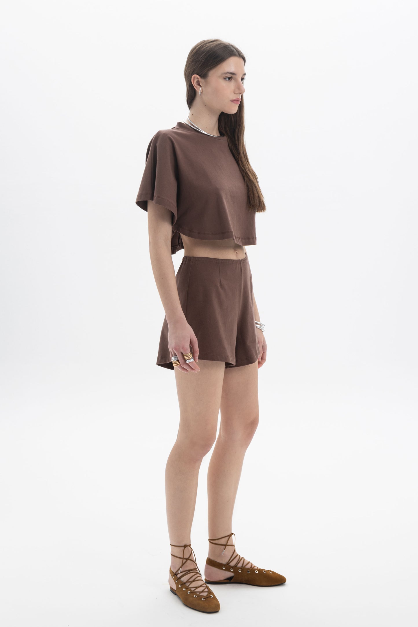 B&B x F Cropped Short Sleeve Top in brown, showcasing relaxed silhouette and minimal design for modern styling.