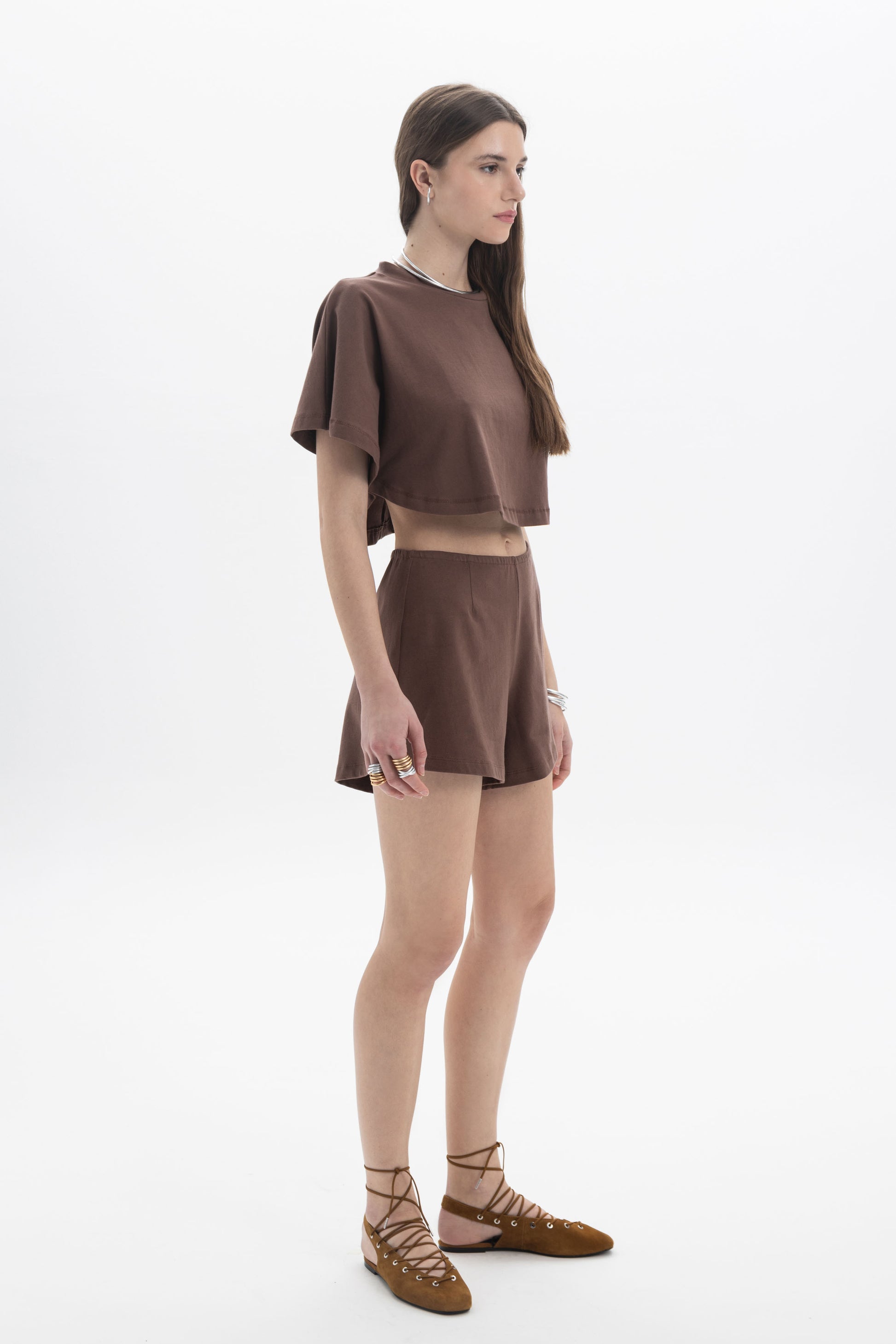 B&B x F Cropped Short Sleeve Top in brown, showcasing relaxed silhouette and minimal design for modern styling.