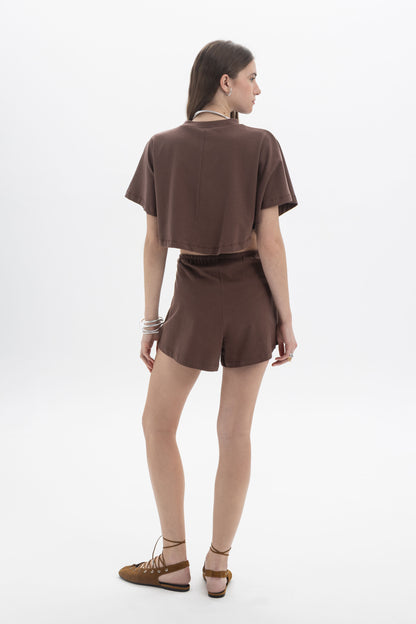 B&B x F Cropped Short Sleeve Top showcased in brown with relaxed fit, perfect for modern everyday styling.